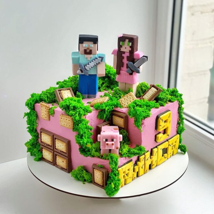 Bolo Minecraft rosa para os 8 anos - Gi Delícias e Sabores